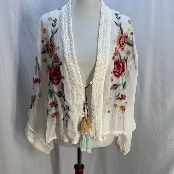 Johnny Was Aurora Kimono white embroidered tassels Sz L EX cond boho - Picture 4 of 10